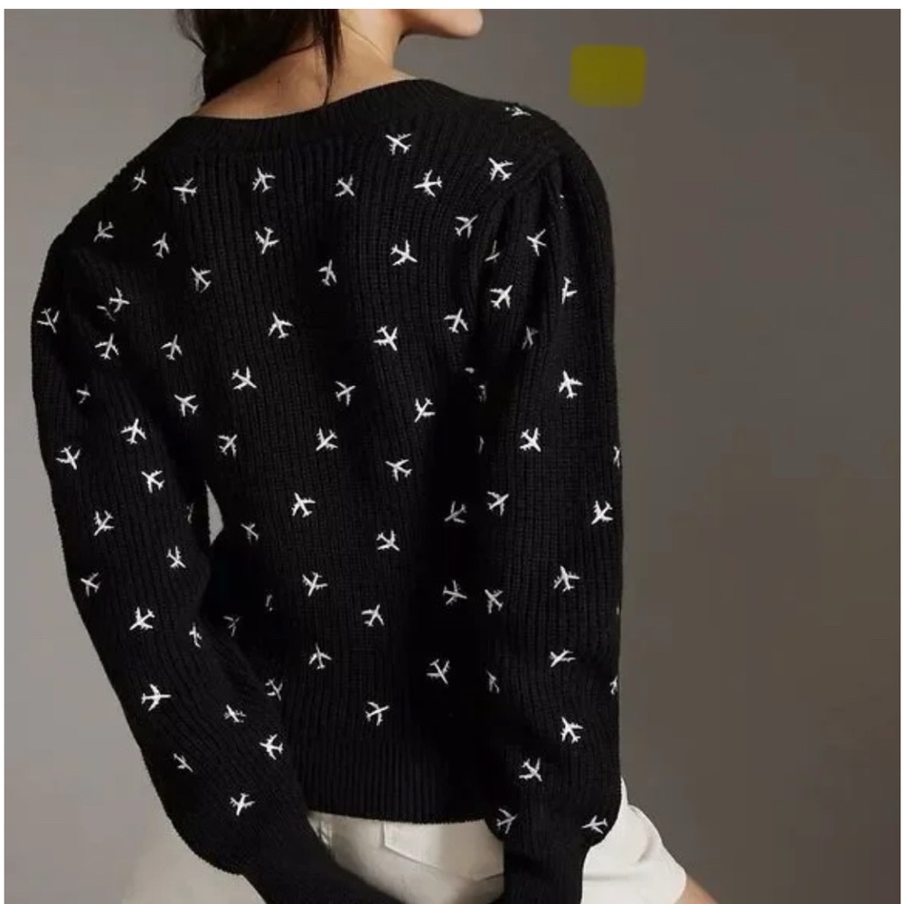 Maeve/Anthropologie Black Sweater with White airplane Accents - Picture 5 of 8